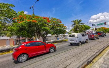 Playa del Carmen Quintana Roo Mexico 2021 Typical street road and cityscape with cars traffic restaurants shops stores people and buildings of Playa del Carmen in Quintana Roo Mexico.
