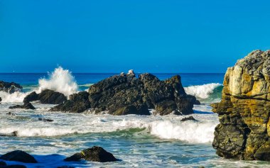 Beautiful rocks cliffs stones and boulders and huge big surfer waves on the beach in La Punta Zicatela Puerto Escondido Oaxaca Mexico.