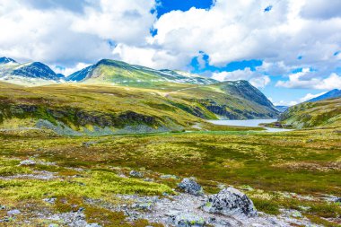 İskandinavya 'daki Rondane Ulusal Parkı Ringbu Innlandet Norveç' te el değmemiş doğa nehirleri, kayalar ve göller ile güzel bir dağ manzarası..