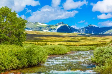 İskandinavya 'daki Rondane Ulusal Parkı Ringbu Innlandet Norveç' te el değmemiş doğa nehirleri, kayalar ve göller ile güzel bir dağ manzarası..