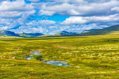 Beautiful mountain and landscape panorama with untouched nature rivers lakes and rocks stones in Rondane National Park Ringbu Innlandet Norway in Scandinavia. clipart