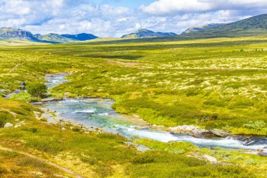 İskandinavya 'daki Rondane Ulusal Parkı Ringbu Innlandet Norveç' te el değmemiş doğa nehirleri, kayalar ve göller ile güzel bir dağ manzarası..