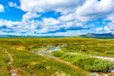 İskandinavya 'daki Rondane Ulusal Parkı Ringbu Innlandet Norveç' te el değmemiş doğa nehirleri, kayalar ve göller ile güzel bir dağ manzarası..