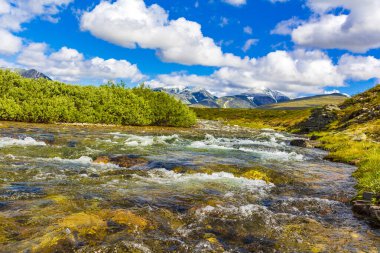 İskandinavya 'daki Rondane Ulusal Parkı Ringbu Innlandet Norveç' te el değmemiş doğa nehirleri, kayalar ve göller ile güzel bir dağ manzarası..