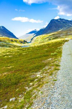İskandinavya 'daki Rondane Ulusal Parkı Ringbu Innlandet Norveç' te el değmemiş doğa nehirleri, kayalar ve göller ile güzel bir dağ manzarası..