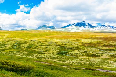 İskandinavya 'daki Rondane Ulusal Parkı Ringbu Innlandet Norveç' te el değmemiş doğa nehirleri, kayalar ve göller ile güzel bir dağ manzarası..