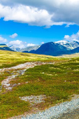İskandinavya 'daki Rondane Ulusal Parkı Ringbu Innlandet Norveç' te el değmemiş doğa nehirleri, kayalar ve göller ile güzel bir dağ manzarası..