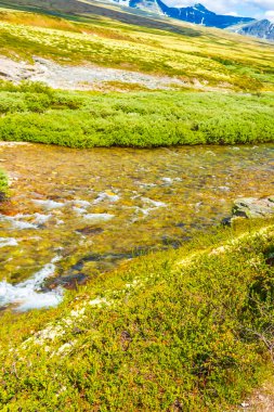 İskandinavya 'daki Rondane Ulusal Parkı Ringbu Innlandet Norveç' te el değmemiş doğa nehirleri, kayalar ve göller ile güzel bir dağ manzarası..