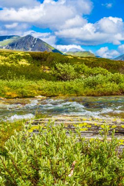 İskandinavya 'daki Rondane Ulusal Parkı Ringbu Innlandet Norveç' te el değmemiş doğa nehirleri, kayalar ve göller ile güzel bir dağ manzarası..