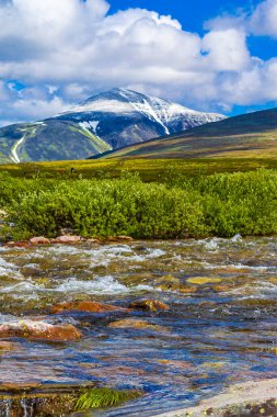 İskandinavya 'daki Rondane Ulusal Parkı Ringbu Innlandet Norveç' te el değmemiş doğa nehirleri, kayalar ve göller ile güzel bir dağ manzarası..