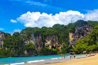 Beautiful famous beach lagoon between limestone rocks and turquoise water on Railay West Beach in Ao Nang Amphoe Mueang Krabi Thailand in Southeast Asia.