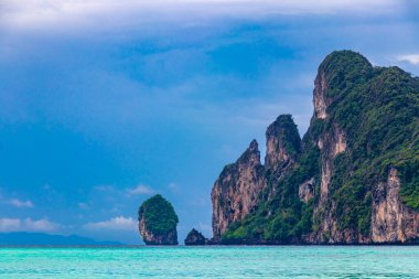 Beautiful famous beach lagoon panorama view between limestone rocks and turquoise water on Koh Phi Phi Don island in Ao Nang Amphoe Mueang Krabi Thailand in Southeast Asia.