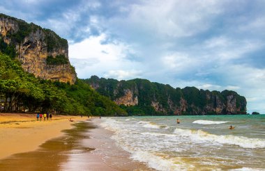 Ao Nang Krabi Thailand 17. October 2018 Beautiful tropical paradise panorama view on turquoise water beach and between limestone rocks on Ao Nang Beach in Amphoe Mueang Krabi Thailand in Southeast Asia.
