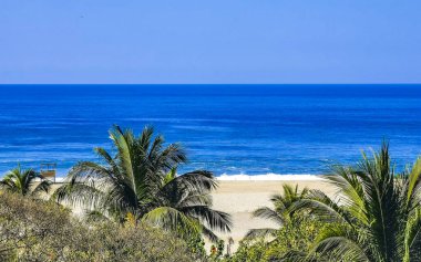 Beautiful tropical and natural city and seascape landscape panorama view with pacific ocean sea palms palm trees and beach with waves of Zicatela Puerto Escondido Oaxaca Mexico.