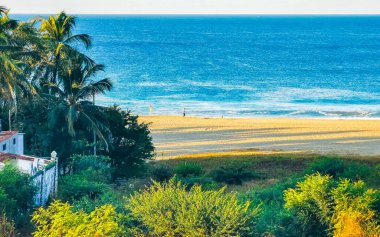 Beautiful tropical and natural city and seascape landscape panorama view with pacific ocean sea palms palm trees and beach with waves of Zicatela Puerto Escondido Oaxaca Mexico.