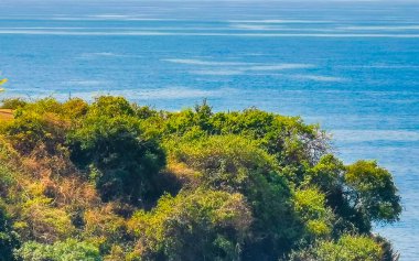 Güzel kayalıklar, kayalar, büyük sörfçü dalgaları ve doğal manzara Bacocho Puerto Escondido Oaxaca 'daki sahilde palmiye ağaçları..