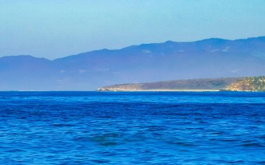 Zicatela Puerto Escondido Oaxaca 'da güneş kumsalı uçurumları dağlar, palmiye ağaçları, mavi sular ve gökyüzü dalgalanır..