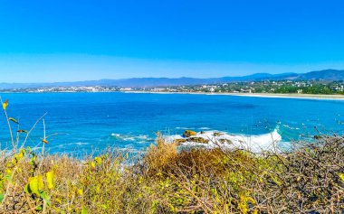 Beautiful tropical and natural city and seascape landscape panorama view with pacific ocean sea palms palm trees and beach with waves of Zicatela Puerto Escondido Oaxaca Mexico.