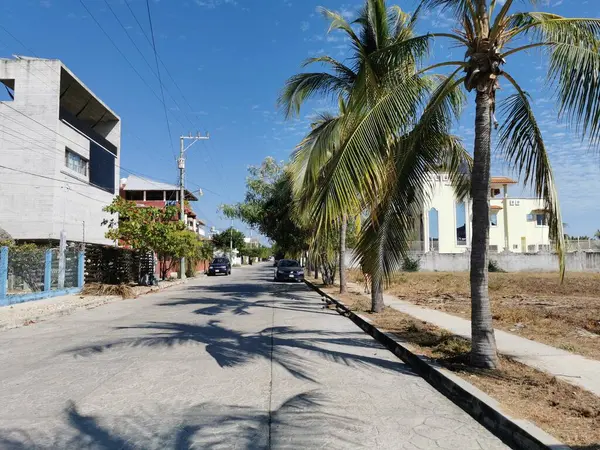 Tipik ve renkli paradisiacal cadde evleri, daireleri restoranları, restoranları, araba dükkanları palmiye ağaçları ve Bacocho ve Rinconada Puerto Escondido Oaxaca Meksika 'daki insanlar..