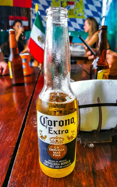 Playa Del Carmen Mexico 2022年9月科罗纳啤酒瓶食物和饮料在Playa Del Carmen Quintana Roo Mexico的酒吧或餐馆 — 图库照片