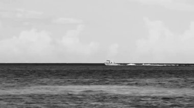 Playa 88 ve Playa del Carmen Quintana Roo Meksika 'daki Punta Esmeralda' dan tropikal Meksika sahili manzaralı rıhtımda vapur vapuru iskelesi ve limanı..