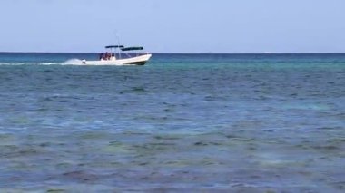 Playa 88 ve Playa del Carmen Quintana Roo Meksika 'daki Punta Esmeralda' dan tropikal Meksika sahili manzaralı rıhtımda vapur vapuru iskelesi ve limanı..