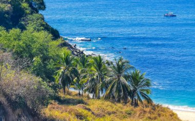 Güzel kayalıklar kayalar, kayalar, dağlar palmiye ağaçları, büyük sörfçü dalgaları ve Bacocho Puerto Escondido Oaxaca 'daki sahilin doğal manzarası..