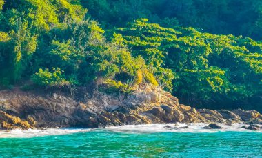 Kumsal turkuvaz mavi su kayaları kayalar kayalar güneş kayaları palmiye ağaçları ve Puerto Escondido Oaxaca 'daki Playa Carrizalillo sahilinde büyük sörfçü dalgaları..