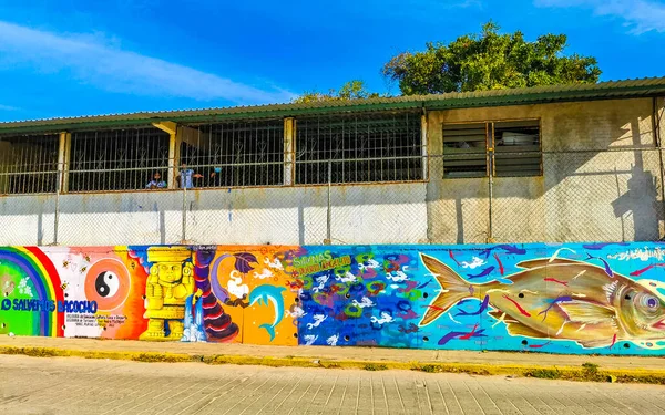 stock image Puerto Escondido Oaxaca Mexico 20. January 2023 Wall with colorful graffiti art drawings and beautiful paintings in Rinconada Bacocho Puerto Escondido Oaxaca Mexico.