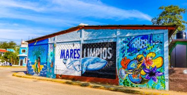 Puerto Escondido Oaxaca Meksika 20. Ocak 2023 Duvarı 'nda rengarenk deniz hayatı balık kaplumbağası balina sörfü sanat çizimleri ve Rinconada Bacocho Puerto Escondido Oaxaca Meksika' da güzel tablolar var..