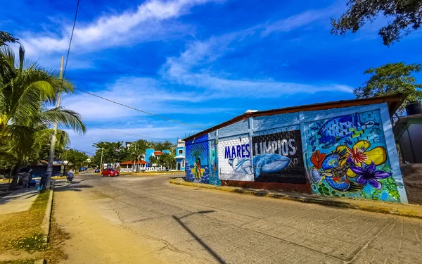 Пуэрто Эскондидо Оахака Мексика Январь 2023 Стена Красочными Граффити Рисунки — стоковое фото