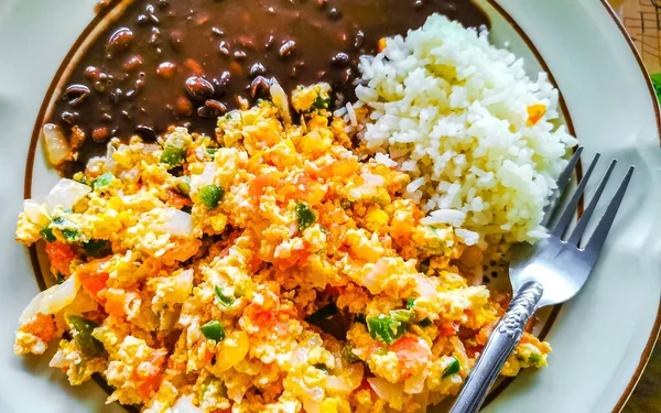 Mexican Omelet Scrambled Eggs Black Beans Rice Nachos White Plate — Stock Photo, Image
