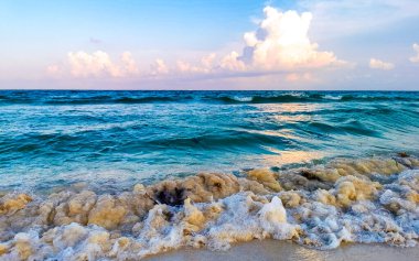 Tropical caribbean beach landscape panorama with clear turquoise blue water in Playa del Carmen Mexico.