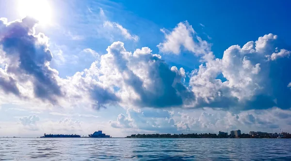 stock image Isla Mujeres Womens Island panorama view from speed boat to tropical beach pier jetty boats people and palm trees in Cancun Quintana Roo Mexico.