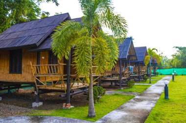 Güneydoğu Asya 'daki Ao Nang Amphoe Mueang Krabi Tayland' daki doğal tropikal orman beldesinde ahşap bambu kulübeleri..