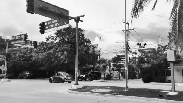 Playa Del Carmen 2022年9月黒と白のHd車の交通レストランで道路や街並みのビデオ店キンタナ メキシコのプラヤデルカルメンの人々と建物 — ストック動画