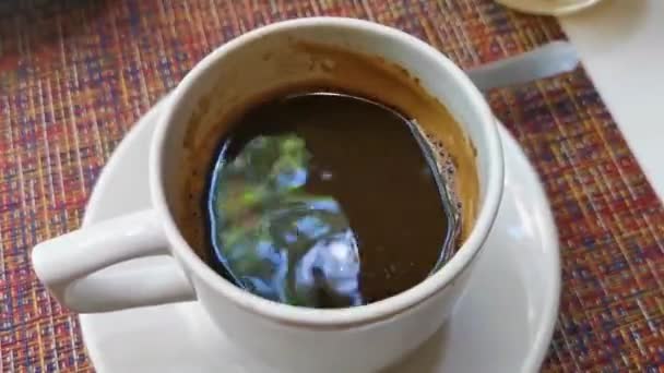 Glass Cup Americano Black Coffee Spoon Plate Table Food Drink — Vídeo de stock