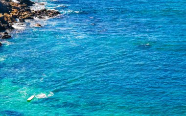Kumsal turkuvaz mavi su kayaları kaya kayaları palmiye ağaçları büyük sörfçü dalgaları ve Puerto Escondido Oaxaca 'daki Playa Carrizalillo plajı manzarası.
