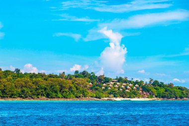 Beautiful famous beach lagoon panorama view between limestone rocks and turquoise water on Koh Phi Phi Don island in Ao Nang Amphoe Mueang Krabi Thailand in Southeast Asia.