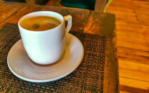 Glass Cup Americano Black Coffee Spoon Plate Table Food Drink — Fotografie, imagine de stoc