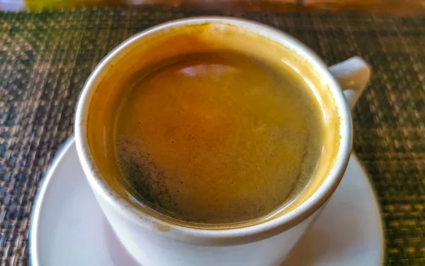 Glass Cup Americano Black Coffee Spoon Plate Table Food Drink — Stock Fotó