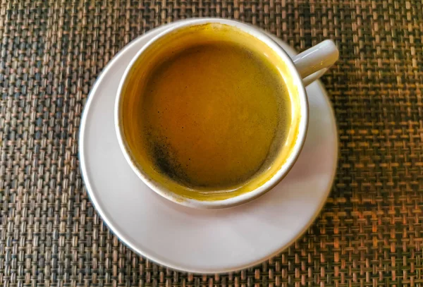 Glass Cup Americano Black Coffee Spoon Plate Table Food Drink — Stock Fotó