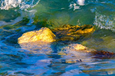Playa del Carmen Quintana Roo Meksika sahilindeki turkuaz yeşil ve mavi sularda kayalar ve mercanlar..