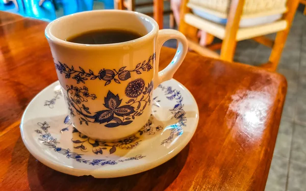 Blau Weiße Tasse Mit Schwarzem Americano Kaffee Auf Holztisch Cafecito — Stockfoto