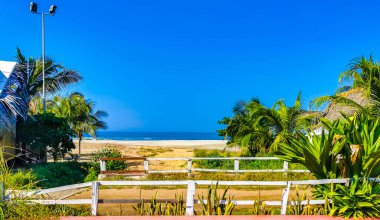 Puerto Escondido Oaxaca Meksika 13. Kasım 2022 'de güneş kumsalı insanları sörf yapıyor Palmiye ağaçları, plaj barı ve Zicatela Puerto Escondido Oaxaca' da mavi su dalgaları..
