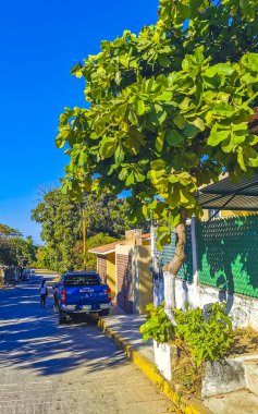 Puerto Escondido Oaxaca Meksika 25. Mart 2023 Tipik güzel turistik cadde yolu ve şehir arabalarıyla kaldırım oteller, restoranlar ve Zicatela Mexico 'daki insanlar..