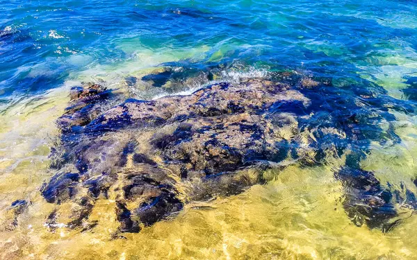 Strand Zand Turquoise Blauw Water Rotsen Kliffen Rotsblokken Palmbomen Enorme — Stockfoto