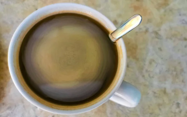 Glass Cup Americano Black Coffee Spoon Plate Table Food Drink — Foto de Stock