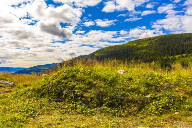 Dağlı Norveç dağ manzarası doğa manzarası ve mavi gökyüzü İskandinavya 'daki Kvitfjell Favang Ringbu Innlandet Norveç' te bulutlar.