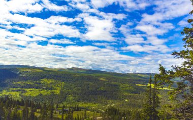 Dağlı Norveç dağ manzarası doğa manzarası ve mavi gökyüzü İskandinavya 'daki Kvitfjell Favang Ringbu Innlandet Norveç' te bulutlar.